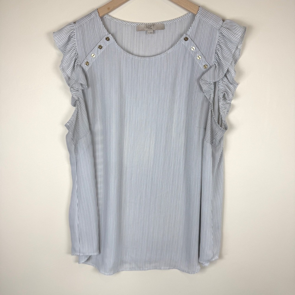 LOFT Plus Striped Ruffle Sleeve Top Black White Gold Button Size 18 Preppy